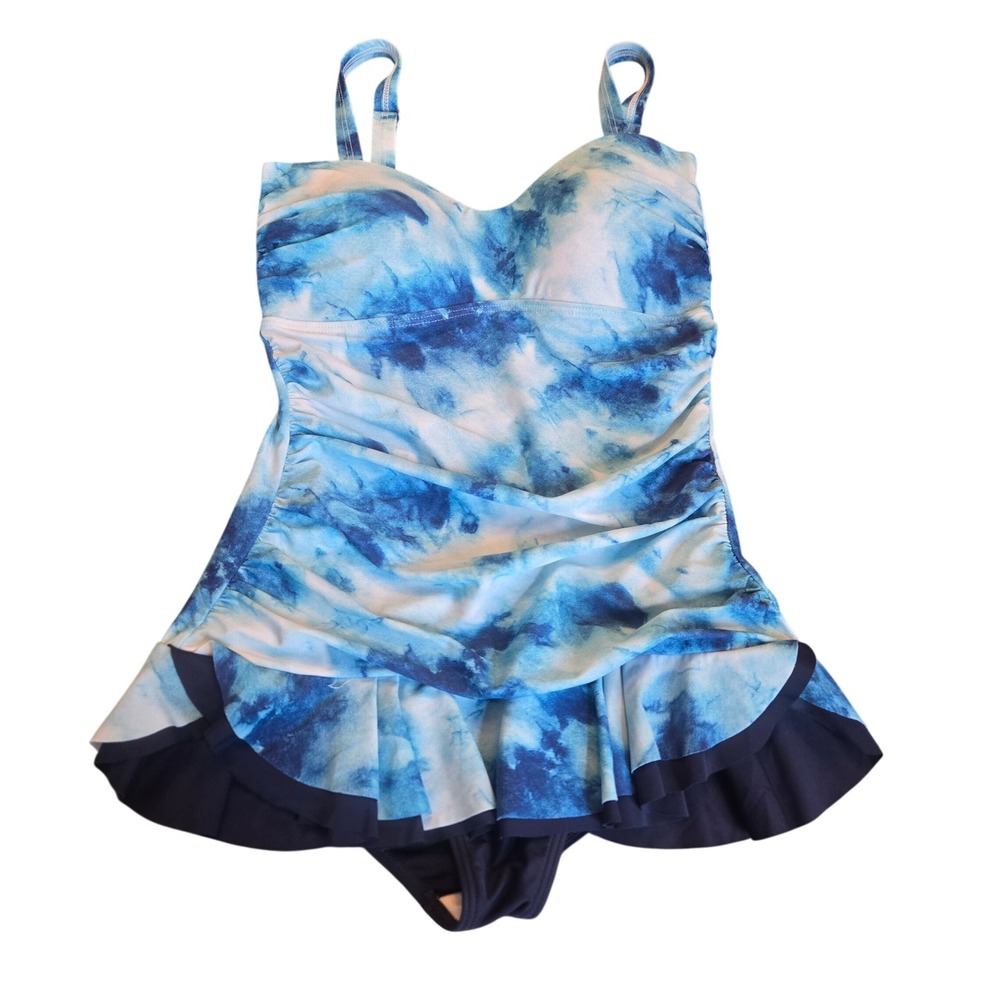Mazu Swim Womens Blue Tie Dye Ruched Ruffle One Piece Swimdress Size M